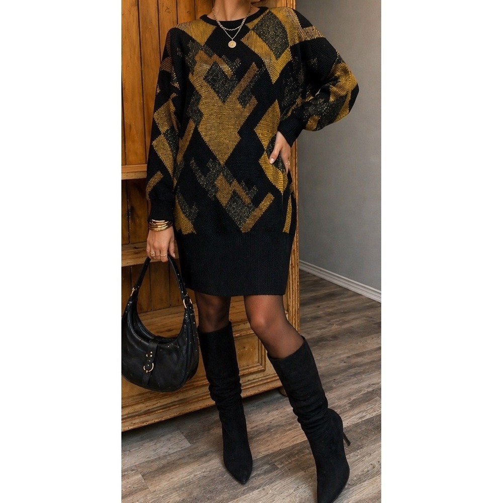 Vtg  80s Knit Sweater Di Bari Italy Abstract Geometric ColorBlock Oversized L-XL